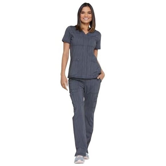DK690 Women's Advance Two-Tone Twist V-Neck Scrub Top gray/black - Picture 1 of 7